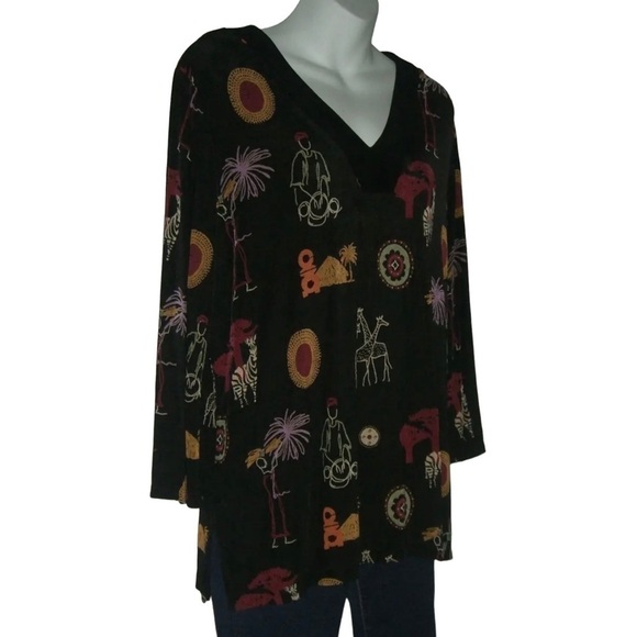 Vintage Top Slinky Brand African Safari Blouse Black USA Made Animal Soft Sz M - Picture 2 of 8